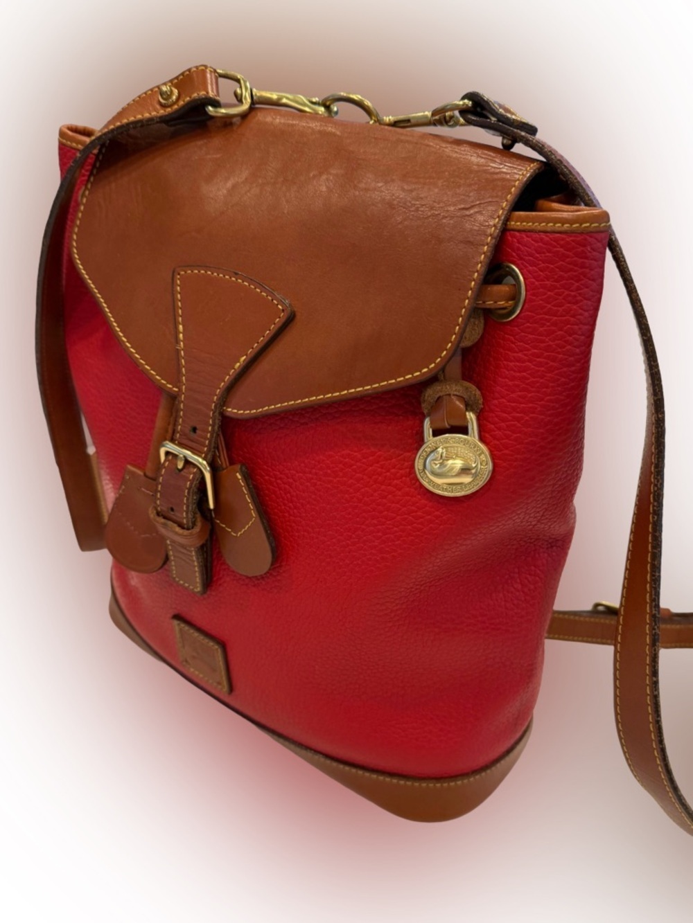 Dooney & Bourke VTG Drawstring W/ Flap leather Back Pack Red & British Tan EUC